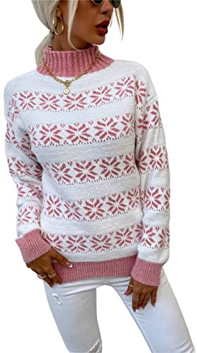KANDEMY Pull De Noël Femme Motif Jacquard Flocons Tricot Chaud Doux Pull Noel Femme Manches Longues Style Nordique Hiver Décontracté Cadeau Fêtes Chic A3-Rose XL