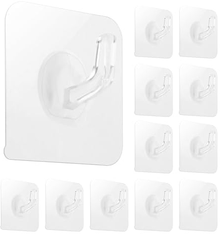 12-Pack Self-Adhesive Small Wall Hooks Clear Square Strong, Heavy Duty, No Drilling, Transparent, Waterproof, No Scratch for Shower, Kitchen for Kitchen Bathroom Office Door Window Hanging Hat