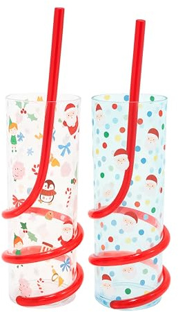 eBoutik - Set of 2 Xmas Holiday Drinking Cup with Spiral Straw - Christmas Character Design for Festive Drinkware Set for Xmas Eve Box Stocking Filler