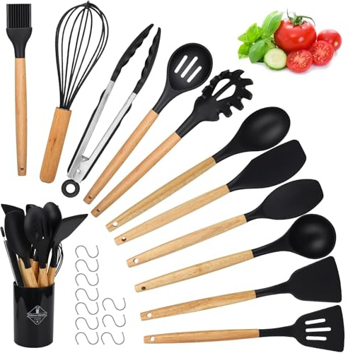 22 Ustensiles de Cuisine en Silicone avec Manche Bois – Antiadhésifs Résistants à la Chaleur Avec 10 Crochets et Porte-Ustensiles Spatules et Louches Accessoires de Cuisine Faciles à Nettoyer(Noir)