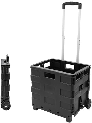Einkaufstrolley klappbar schwarz 30 L bis 18 kg | Mit Rollen, Aluminium Teleskopgriff, Kunststoff, Rollkiste, Transportbox rollbar