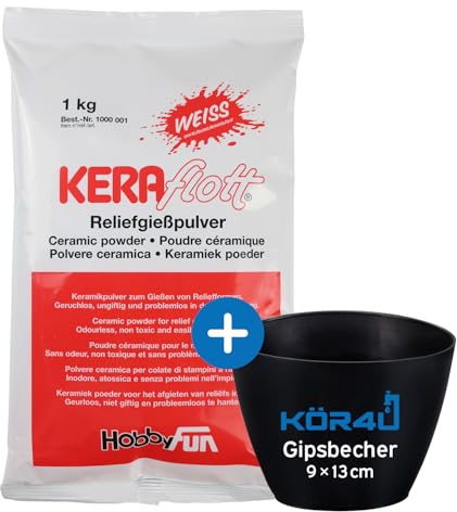 Keraflott Reliefgießpulver weiß 1kg, mit kör4u Gipsbecher, Gießen Basteln
