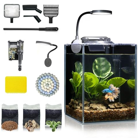 Desktop Betta Kleines Aquarium Glasaquarium 5 Liter Komplettset 15x15x20, Selbstreinigendes Filtersystem, Helles LED-Licht, Kies, Pflanze, Reinigungswerkzeug, Starter-Set für kleine Räume