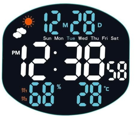 Horloge Murale LED Grande Écran Météo Température Humidité(White and blue)