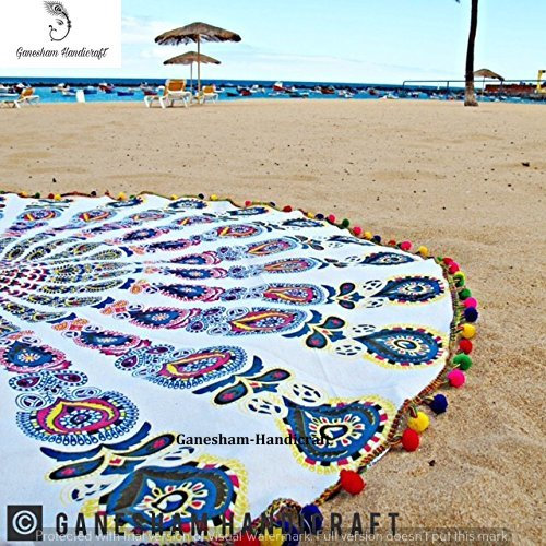 Indisches Mandala, Boho, Boho, Gypsy, indische Dekoration, Heimdekoration, Yoga-Matte, runder Wandteppich, Strandtuch, rund, Strandtuch, Baumwolle, Möbeltuch, Stranddecke mit Pompom-Bordüre