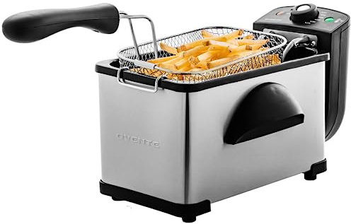 Ovente FDM2201BR Electric Deep Fryer 2L Capacity, Lid with Viewing Window, Adjustable Temperature, Removable Frying Basket & Cool Touch Handle, 1500W Power, Easy to Clean Stainless Steel Body, Silver