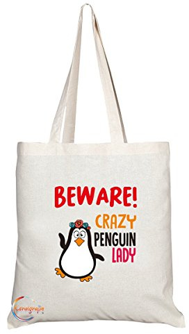 TB234 Beware Crazy Penguin Lady (B) Novelty Present Gift Printed Eco-Friendly Stylish Long Handled Tote Shoulder Bag