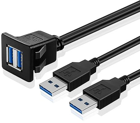 TNP Dual USB 3.0 Flush Mount Cable w/Buckle (Square)- Dashboard Panel Dash Mount 2 Ports Dual USB Socket Plug Jack Connector Extension Wire Cord Water Resistant Male to Female (1M / 3FT)