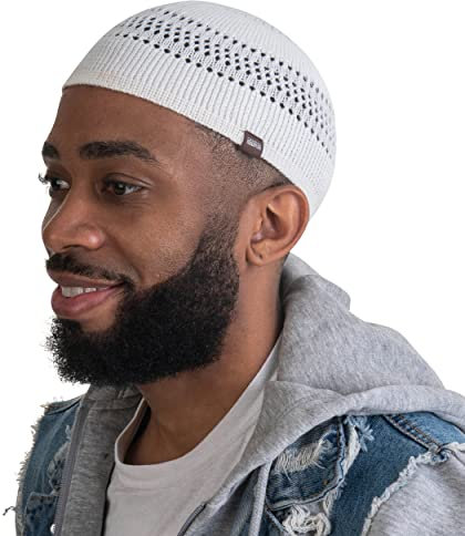 Atmungsaktive Baumwolle Stretchy Skull Cap Kufi Hüte für Männer in coolen Designs | Helmfutter | Muslimische Ramadan Geschenke Eid Geschenke, Weiß mit Gitter-Design, Einheitsgröße