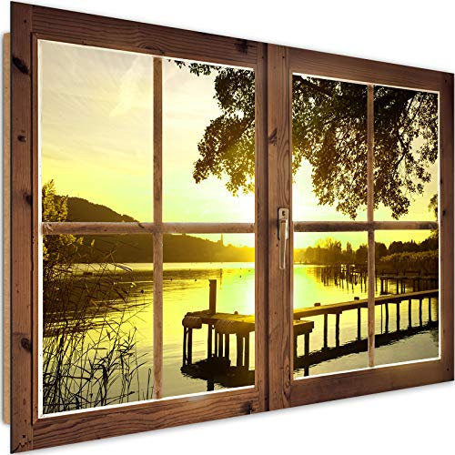 Wandbild XXL Fensterrahmen Deko Kunst Bilder Sonnenuntergang See Gelb 120x80 cm