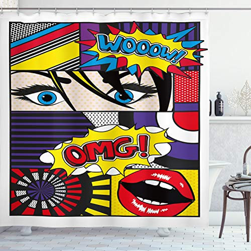 ABAKUHAUS Kunst Duschvorhang, Comic-Muster, Stoffliches Gewebe Badezimmerdekorationsset mit Haken, 175 x 200 cm, Lila Gelb Rot