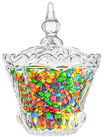 ComSaf Glass Candy Sweet Jar with Lid, Crystal Bon Bon Jar Covered Sugar Bowl Small Decorative Cookie Dish Buffet Storage Container Clear for Party Wedding Birthday Gift (Diameter: 15.5CM)