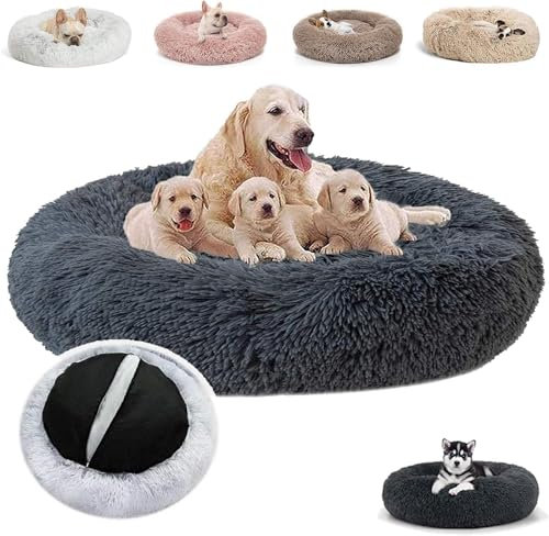 JRUI Warme Hundebett Flauschig Hundekissen Rund Katzenbett Katzenkissen Waschbar Plüsch Kuschelbett Kissen Donut Hundesofa Hundekörbchen für Mittelgroße und Große Hunde - Grau (50-120cm)
