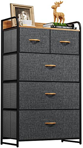 YITAHOME Kommode mit 5 Schubladen, Schrank mit Schubladen aus Stoff, Aufbewahrungskommode Industrial Stil für Schlafzimmer, Wohnzimmer, Kinderzimmer, Aufbewahrungsschrank (Dunkelgrau)