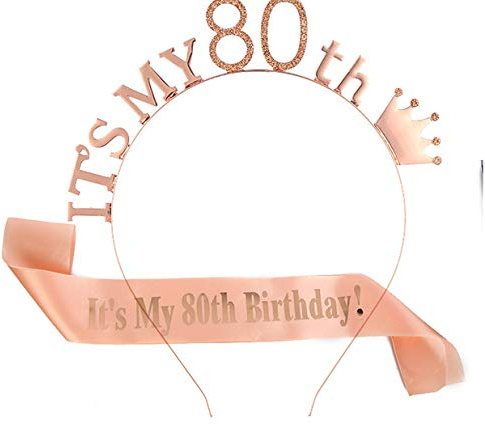 BN Anniversaire Couronne, Bandeau Anniversaire, avec Ceinture en Satin pour Anniversaire Cadeau Fête Faveur Anniversaire décoration Accessoires pour Femme, 80 Ans
