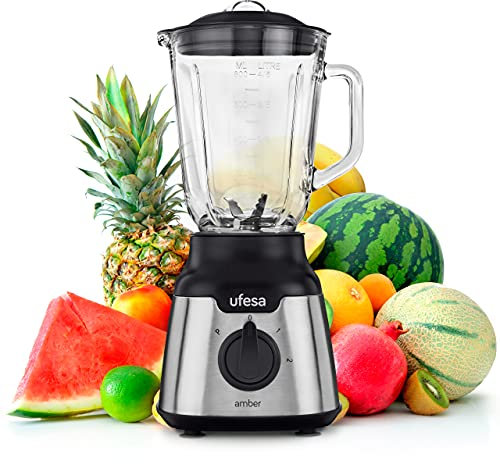 UFESA BS4000 Amber Compact Blender Mixeur, 900W, 0.8L, 2 Vitesses + Pulse, 4 Lames en Acier Inoxydable, Fermeture Hermétique, Glace Pilée, Sans BPA, Inox