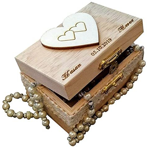 Ringbox personalisiert Wunschtext mit Gravur Holz Ringe Halskette Schatulle Hochzeit Geschenkbox (9x6x5 cm, Zwei Herzen)