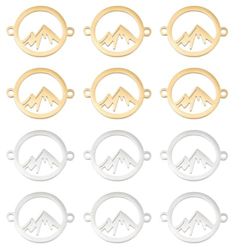 UNICRAFTALE 12 Stk 2 Farben Flach Rund Berg Anhänger Charms 201 Edelstahl Flache Runde Anhänger Für Armbänder 1.4 mm Loch Berg Anhänger Charms Armbänder Schmuckverbinder Für Schmuckherstellung
