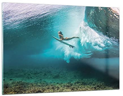 Wandbilder Dekoration Wohnzimmer Surfen Unterwasser Frau Bilder auf Glas 120x80cm Glasbild Schlafzimmer Küche Deko Wand Kunstdruck Art Groß XXL Wanddeko Bild im Glas Modern Wall Decor GAA120x80-4898