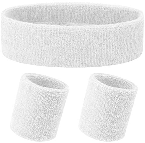Yolev 3 Stück Schweißband Set Weiß Sport Stirnband Schweißbänder Handgelenk Herren Damen 80er 90er Jahr Outfit Schweißbänder Absorbierendes Accessoires