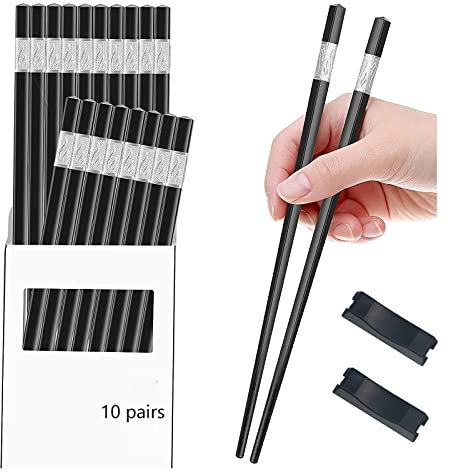 10 Pares Palillos de Aleación, Palillos de Negros Palillos Chinos Palillos Vajilla Set Palillos Reutilizables, Para la Cocina, los de Restaurante con 2 Soportes para Palillos(Trébol de Plata)