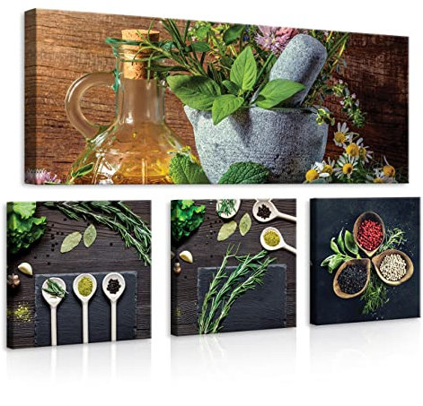 WallArena - Leinwand Bilder - Küche Gewürz Kräuter Essen Esszimmer - 80x55 cm Leinwandbilder - Bild auf leinwand - Wandbild XXL groß Wandbilder für Wohnzimmer Schlafzimmer Wohnzimmerbilder Modern