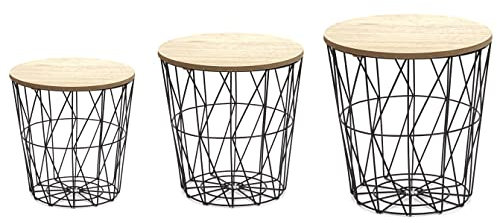 Ribelli Metalltisch schwarz – Holzplatte auf stabilem Metallgestell – Nachttisch Beistelltisch ideal für Wohnzimmer, Schlafzimmer, Büro und Co. – 3er Set Braune Platte