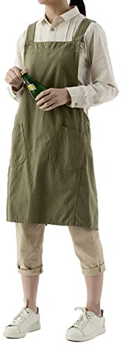 Pincy Cotton Canvas Apron for Women - No-ties Cross Back Apron with Pocktes, Great for Florist, Coffee House and Kitchen (23-Olive)