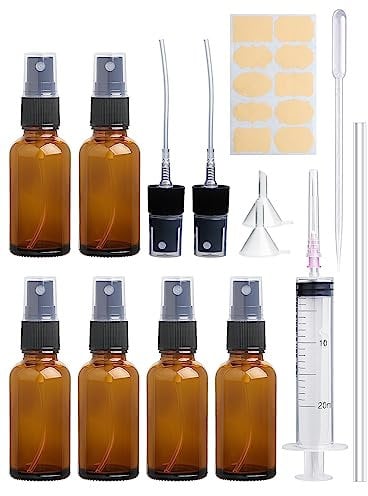 Realure 6 Pcs Empty Small Glass Spray Bottle 30ml Amber Glass Spray Bottle Fine Mist Mini Glass Spray Bottles for Essential Oils Perfume Cosmetic Personal Care Liquid Home Travel (with Pipette, Label)