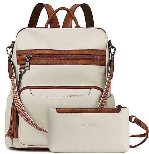 BOSTANTEN 2 Pieces Leder Rucksack Damen Freizeitrucksack Reise Handtasche Rucksackhandtasche Tagesrucksack mit Handgelenktasche Beige