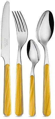 NEVA | BISTROT Texture Legno Set 24 Posate, Set Posate in Acciaio Inox, Lavaggio in Lavastoviglie, Decorazione Indelebile, Legno Abete Giallo