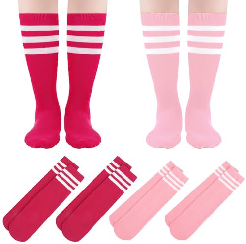 BONANGEL 4 Pairs Kids Football Socks Boys Girls 3-6 6-8 9-12 Years Knee High School Socks Black White Athletic Long Sleeves Cotton Sports Soccer Training Socks for Junior