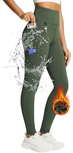 baleaf Damen Fleece gefütterte Leggings Wasserabweisend Hohe Taille Wanderleggings Thermo Leggings Fahrradhose Laufhose mit Reißverschlusstaschen Grün L