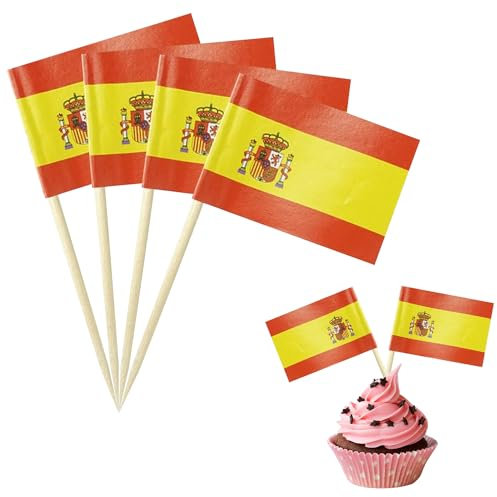 YXHZVON Palillos Bandera de España,200 Piezas Palillo de Cóctel Banderas de Doble Cara, Mini Palillos Banderas para Pastel Platos de Fruta Fiesta Pub Decoración