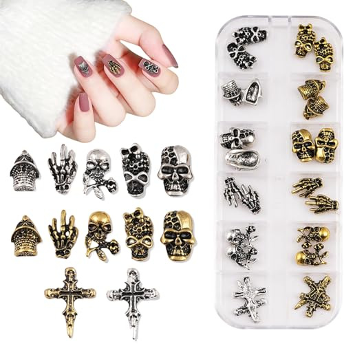 3D Halloween Nail Art Charms,1Box 12Grids Skull Ghost Hand Tombstone Cross Alloy Nail Art Jewelry Decoration,Gold Silver Nail Gems Rhinestones Nail Supplies for Nail Design DIY Crafts (A Pattern)