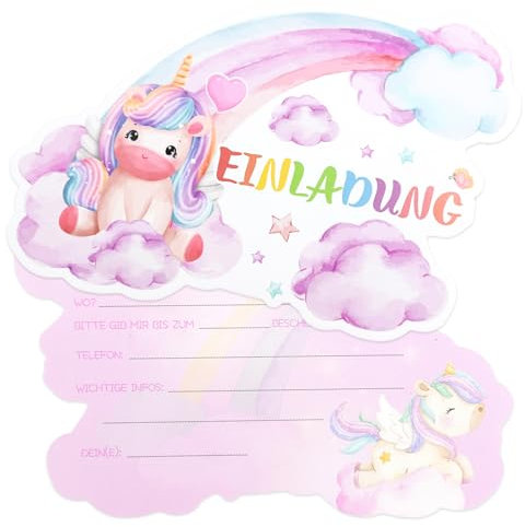 Aitsite 12x Einladungskarten Einhorn - Geburtstagsfeier Kinderparty Einladungskarte - Mädchen Jungen Kinder Eintritt Einschulung und Geburtstagseinladungen