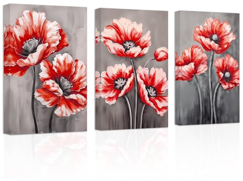 ZXHYWYM Rote Mohnblumen Leinwandbilder 3 teilig schwarz weiße und graue Mohnblumen Bilddrucke elegante rustikale Kunstwerke Badezimmer Heimdekoration (Bild-2, (28.00 x 35.00 cms x 3 Teilig))