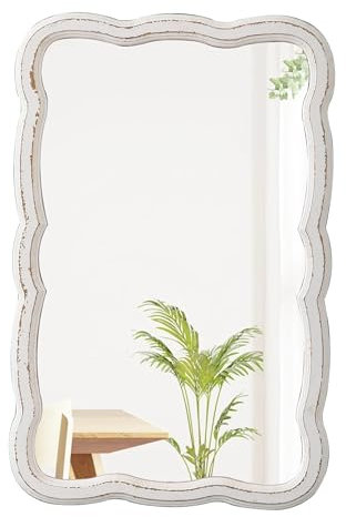 Sintosin Rechteckiger Wandspiegel mit gewelltem Rand, 40,6 x 61 cm, hängend, rustikaler Badezimmerspiegel, Vintage-Stil, gewellter Spiegel über der Kommode, Bauernhaus, weiße Wandspiegel für