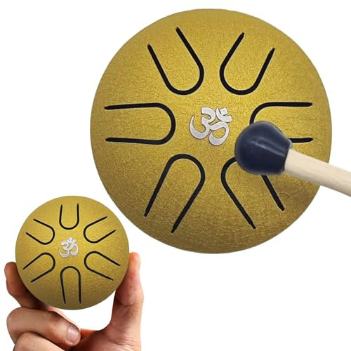 YEJAHY Tongue Drum Steel Tongue Drum 3 Zoll Stahlzungen 6 Töne Zungentrommel, Mini Pan Drum Handpan Instrument Schlagzeug mit Schlägeln Meditation Yoga Klangheilung(Gold)