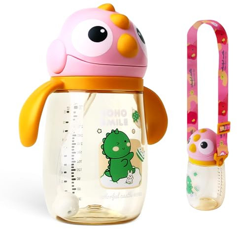 Qshare Sippy Cup for Toddlers with Strap,320ml Toddler Drinks Water Bottles,Spill-Free Toddler Cup,Drinks Water Bottles for Baby,Trainer Cup with Handles for Babies for 8+ Months (Pink)