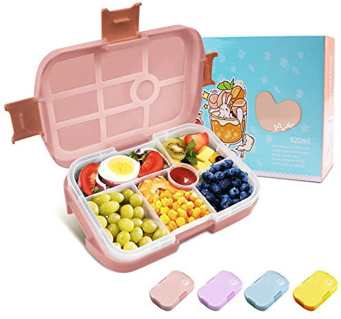 Homtibrm Bento Lunch Box, 920ML Kids Lunch Box with 6 Compartments Snack Salad Box Food Container for Childrens Girls Boys Adults Work School, Microwave Freezer & Dishwasher Safe (Pink)