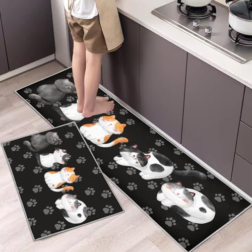 Hoimlm Lot de 2 Tapis de Cuisine antidérapants, Absorbe l'eau et l'huile, Résistant à la poussière, Tapis de Sol pour l'intérieur (Chaton, 43 x 75 + 43 x 150 cm)