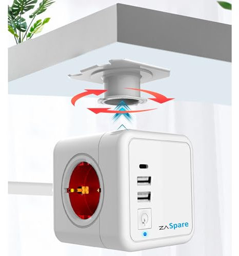 ZASpare- Regleta Enchufe Cubo con Soporte Mesa y Pared 2 USB Tipo A y 1 USB Tipo C Carga Rapida Interruptor de Encendido Ladron de Enchufe 4 Tomas 220V 3680W 16A Alargador Enchufe Cable 1,5 Metros