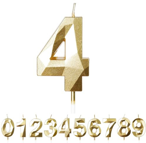 FUZVOL Birthday Cake Candles, Gold Number 4 Candle,Cake Topper Decorations