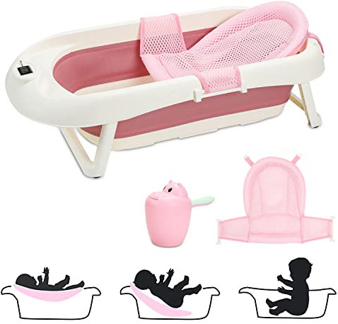 Daromigo Baignoire Bébé, Baignoire Bébé Pliable avec Thermometre Digital, Coussin Support, Antiderapant, et de Trous de Drainage, et Peu Encombrante, Convient Aux Bébés de 0 à 36 Mois, Rose