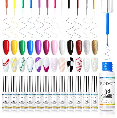 EODCI Gel Liner Nail Polish 12 Farben Nagellack, Schwarz Rot Rosa Gelb Grün Frühling Französisch Nagellack Set Nail Art Pinsel UV Gel Starterset für DIY-Maniküre Frauen Mädchen