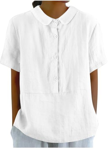 musselin Bluse Damen Baumwollbluse Tunika weiß Einfarbig Baumwoll Leinen Revers Kurzarm große größen(Weiß, XXL)
