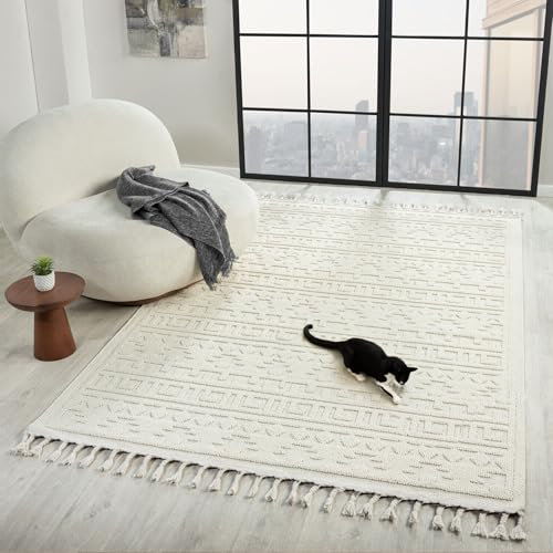 VIMODA Teppich Boho Skandi Wohnzimmer, Schlafzimmer, Balkon, Küche, Terrasse, Flur 3D Creme, Maße:120x170 cm