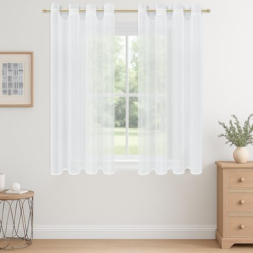 CUTEWIND Cortinas Blancas Dormitorio Cortas 2 Piezas 140x180 cm, Cortinas Translucida Salon con Ojale Cortinas y Visillos para Ventanas Comedor Habitacion, Cortinas de Casa