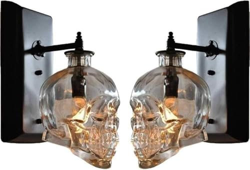 AKNGFO Set mit 2 Totenkopf-Wandleuchten, LED-Wandlampen für den Innenbereich mit Totenköpfen aus Glas, industriellen V-Intage-Wandleuchten, Wandleuchten